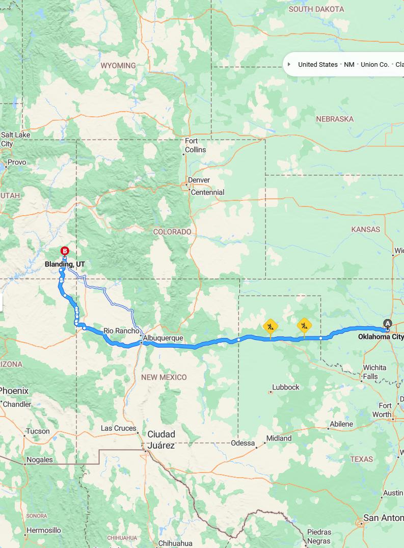 driving from Oklahoma City, Oklahoma to BlandingUtah - map and route