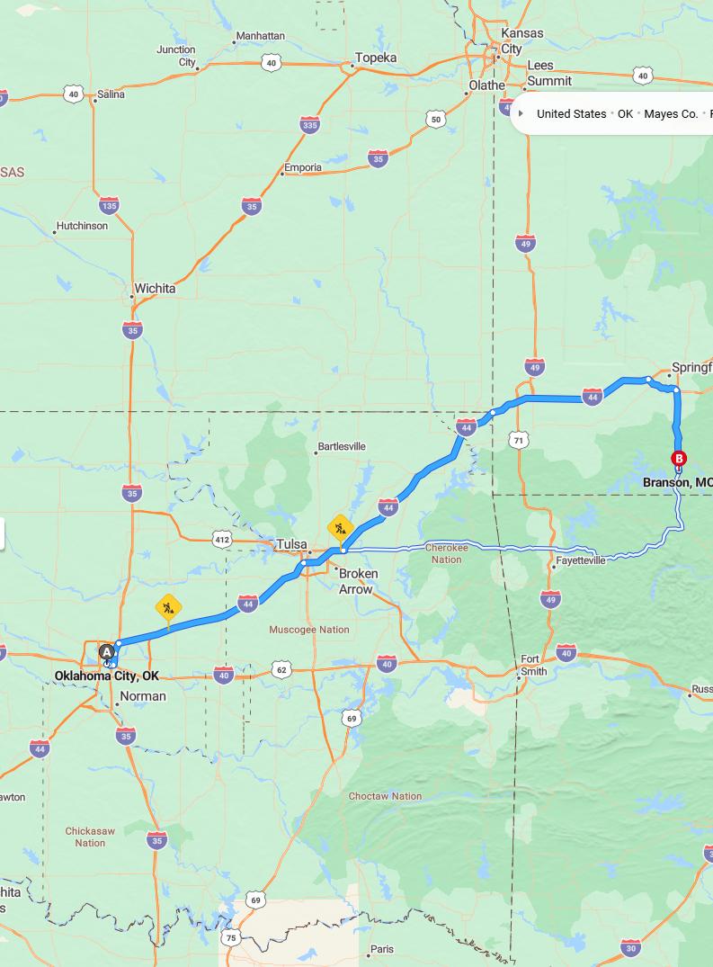 driving from Oklahoma City, Oklahoma to BransonMissouri - map and route