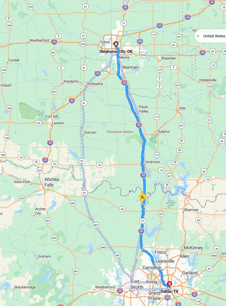 driving from Oklahoma City, Oklahoma to DallasTexas - map and route
