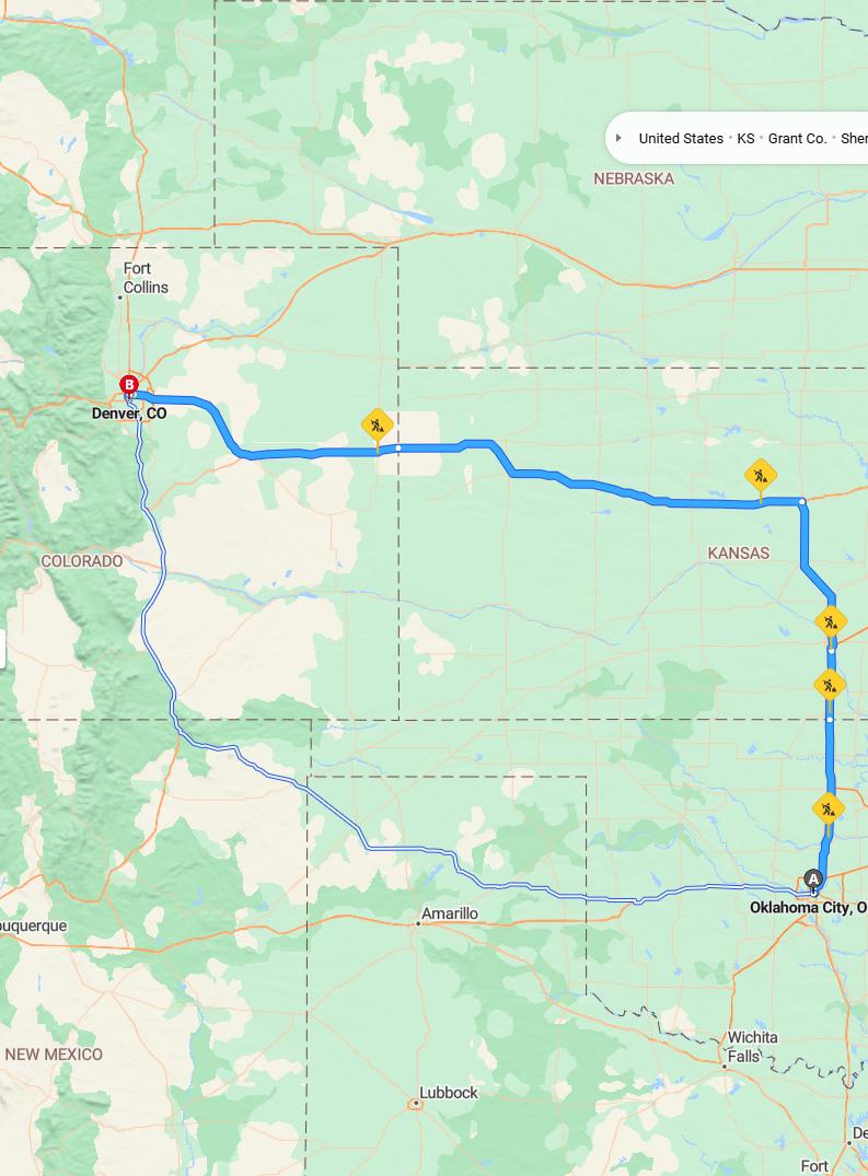 driving from Oklahoma City, Oklahoma to DenverColorado - map and route