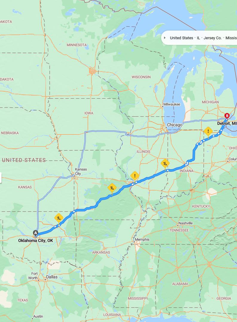 driving from Oklahoma City, Oklahoma to DetroitMichigan - map and route