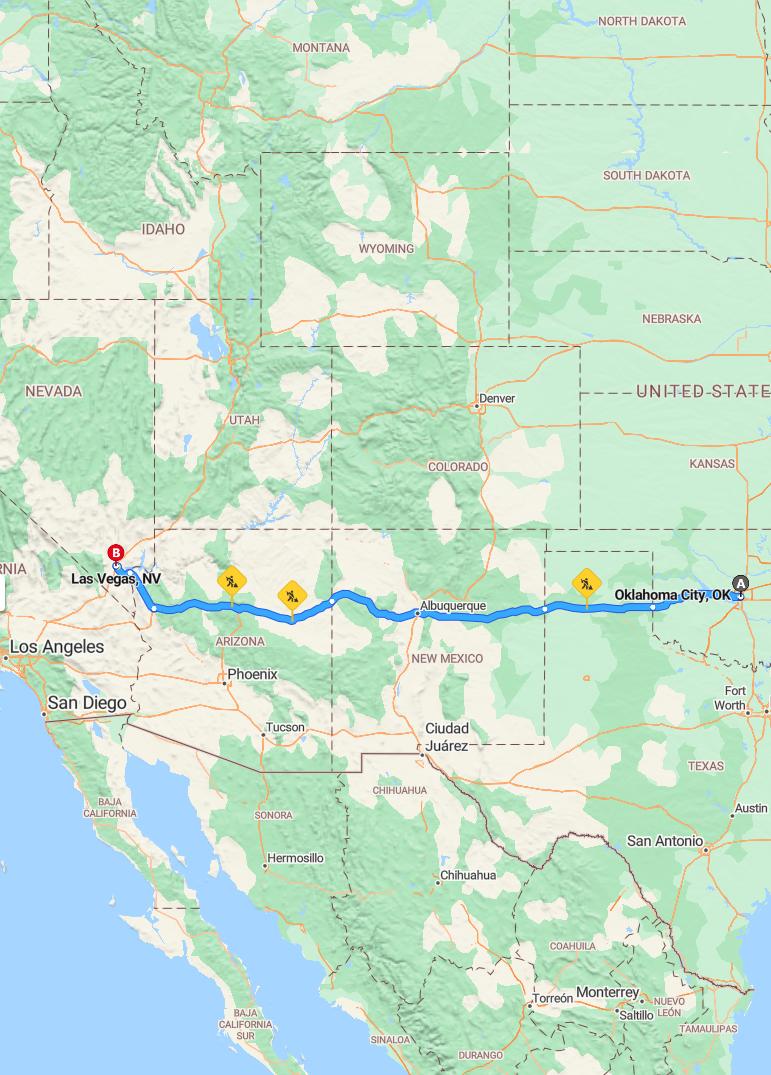 driving from Oklahoma City, Oklahoma to Las VegasNevada - map and route