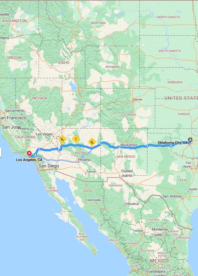driving from Oklahoma City, Oklahoma to Los AngelesCalifornia - map and route