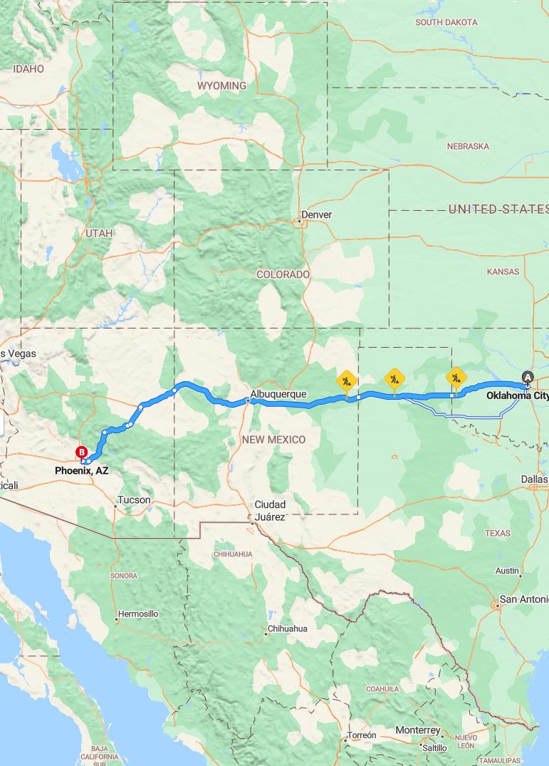 driving from Oklahoma City, Oklahoma to PhoenixArizona - map and route
