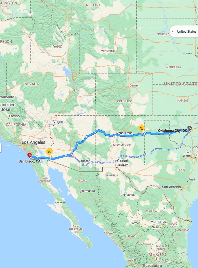 driving from Oklahoma City, Oklahoma to San DiegoCalifornia - map and route