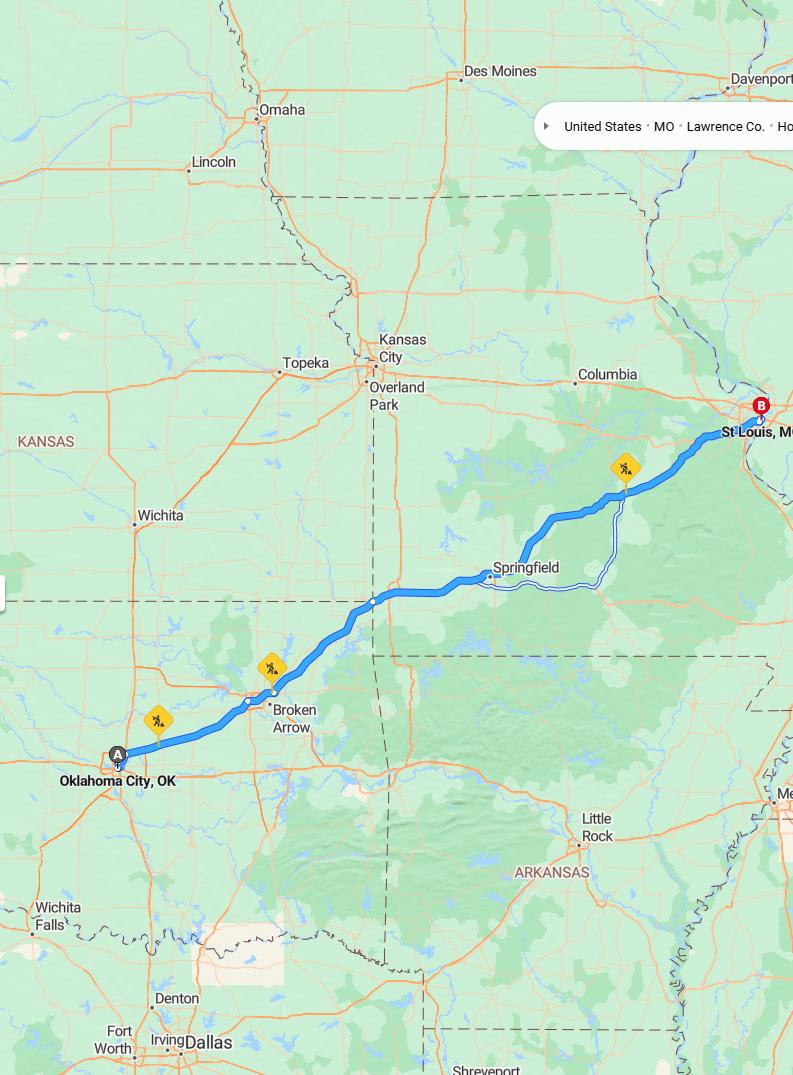 driving from Oklahoma City, Oklahoma to St. LouisMissouri - map and route
