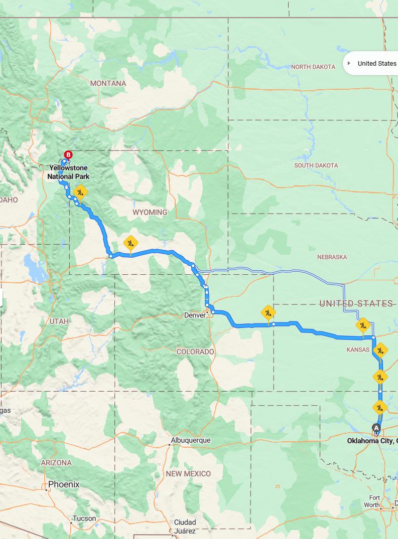 driving from Oklahoma City, Oklahoma to YellowstoneWyoming - map and route