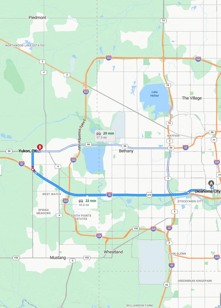driving from Oklahoma City, Oklahoma to YukonOklahoma - map and route