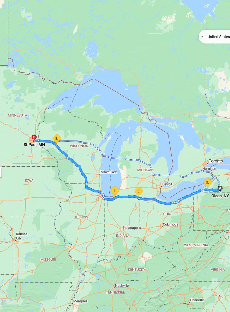 driving from Olean, New York to St. PaulMinnesota - map and route
