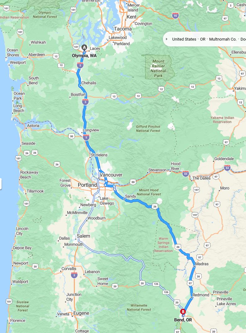 driving from Olympia, Washington to BendOregon - map and route