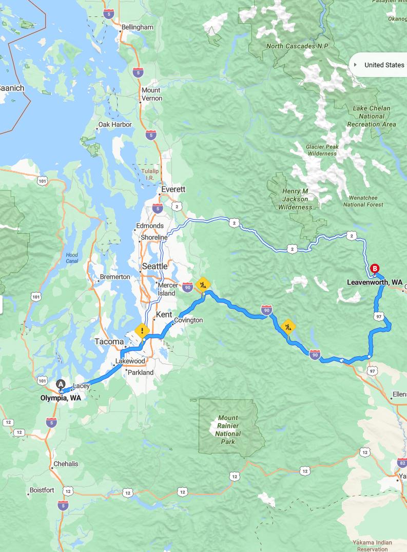driving from Olympia, Washington to LeavenworthWashington - map and route