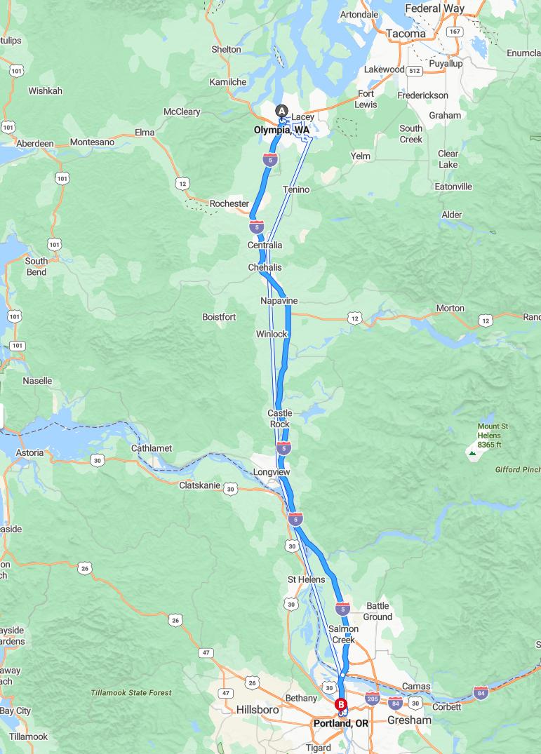 driving from Olympia, Washington to PortlandOregon - map and route