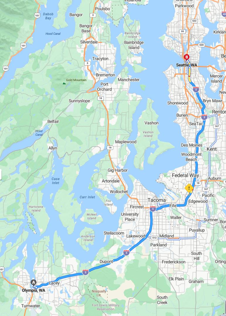 driving from Olympia, Washington to SeattleWashington - map and route
