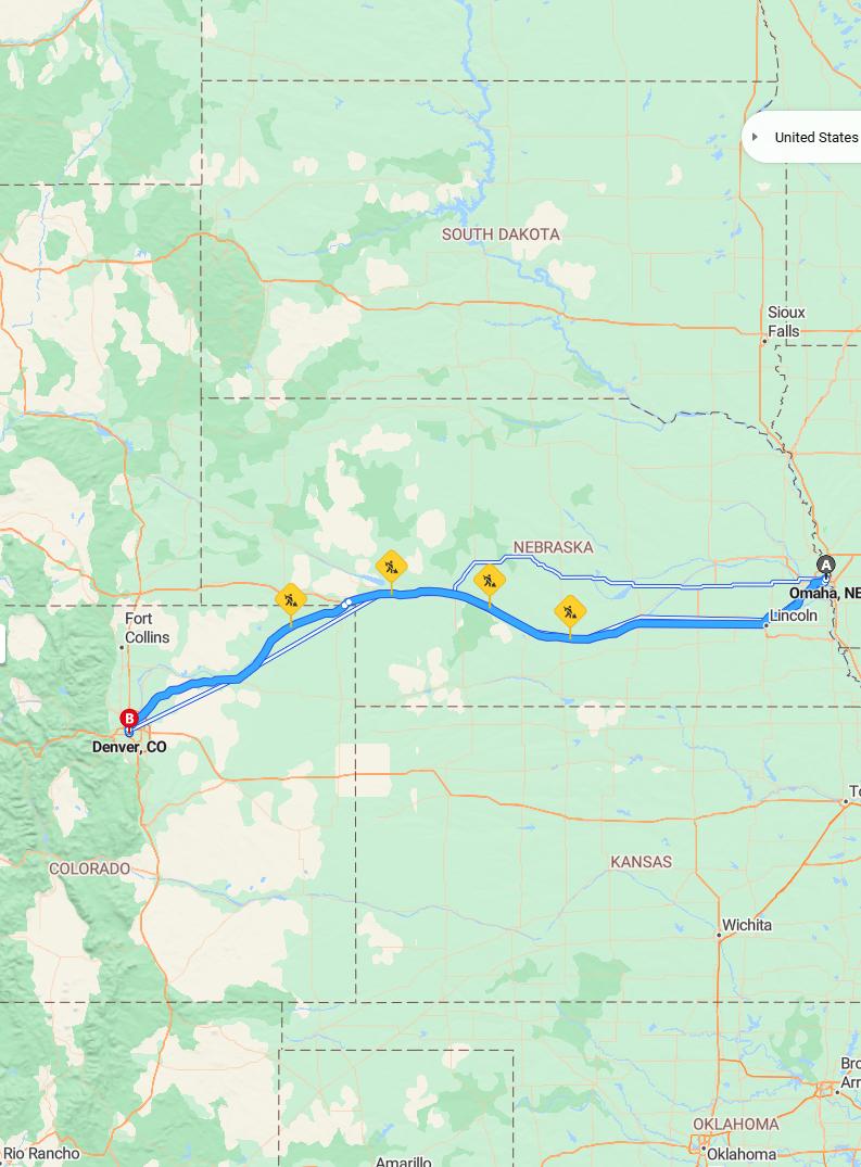 driving from Omaha, Nebraska to DenverColorado - map and route