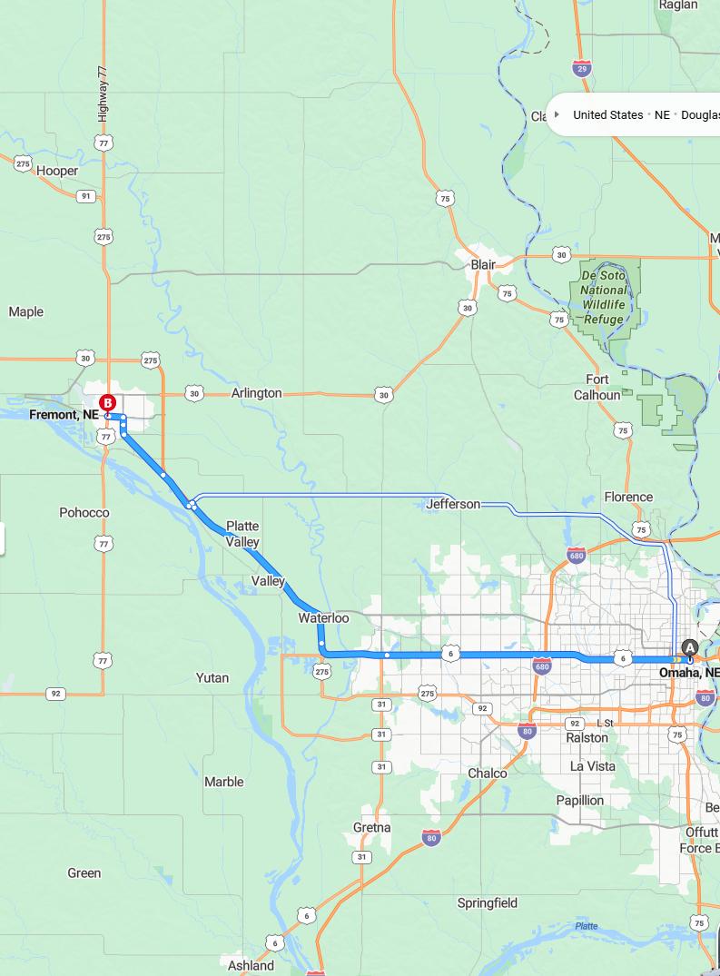 driving from Omaha, Nebraska to FremontNebraska - map and route