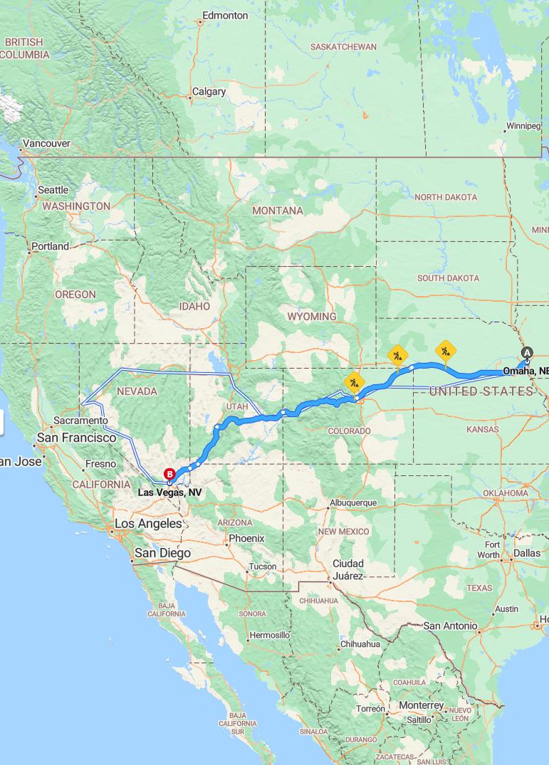 driving from Omaha, Nebraska to Las VegasNevada - map and route
