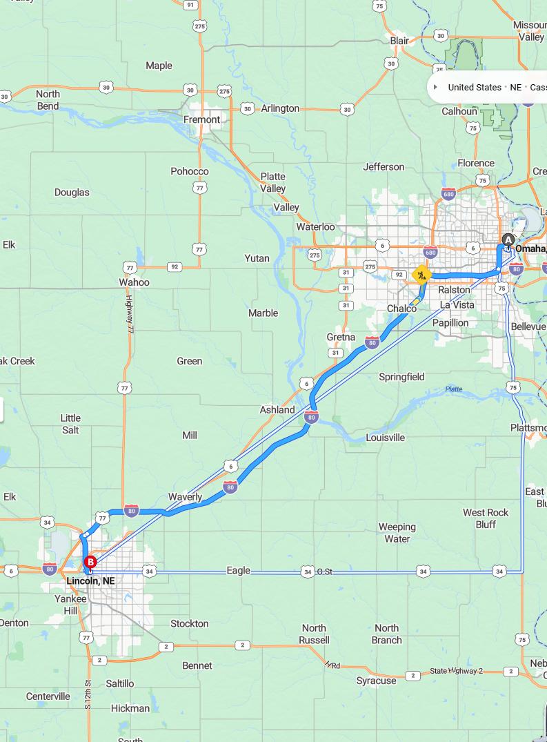 driving from Omaha, Nebraska to LincolnNebraska - map and route