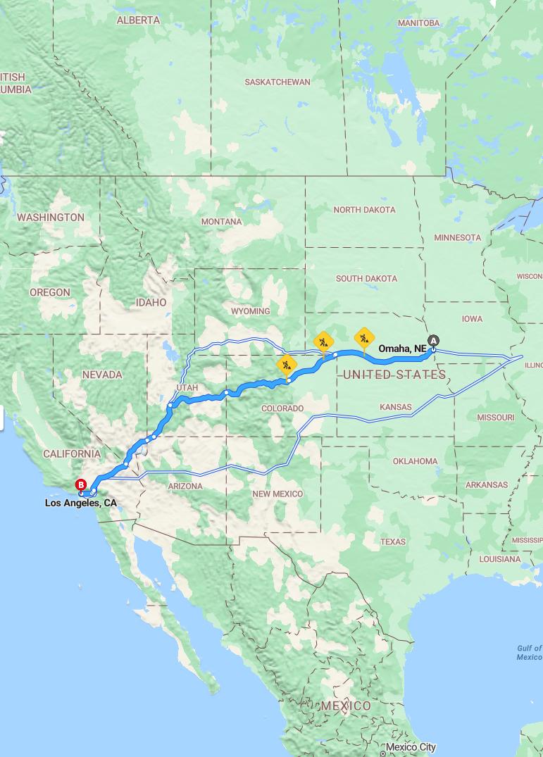 driving from Omaha, Nebraska to Los AngelesCalifornia - map and route