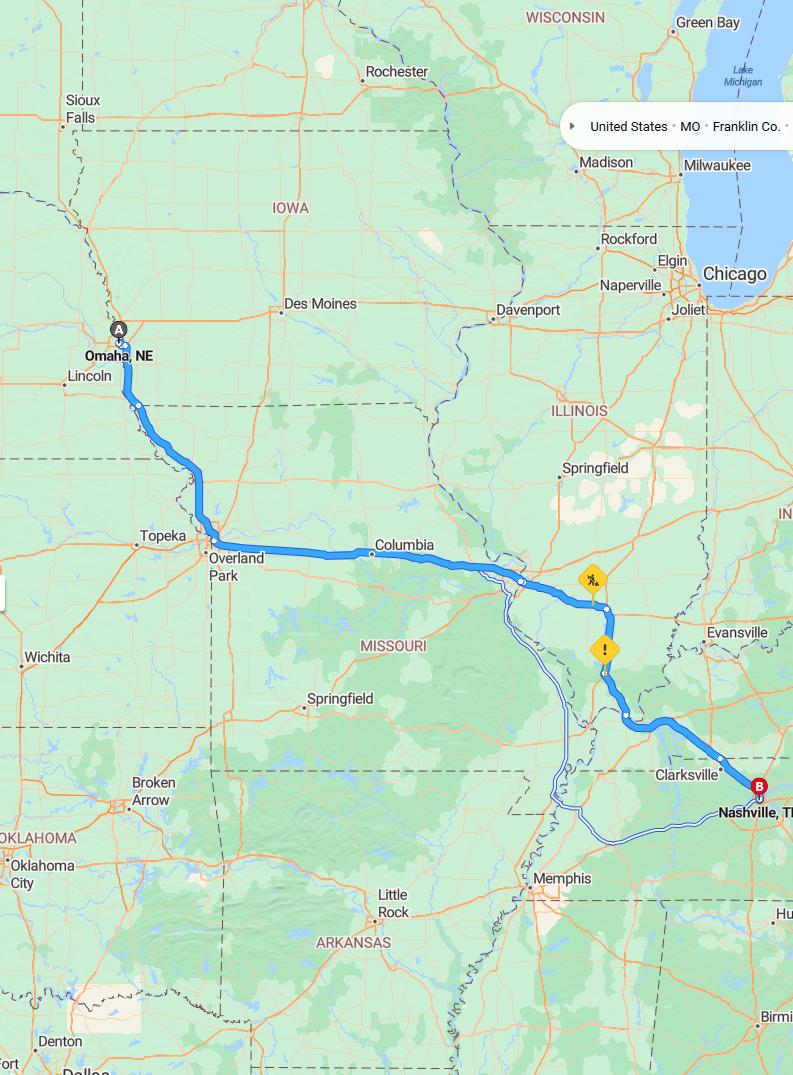 driving from Omaha, Nebraska to NashvilleTennessee - map and route