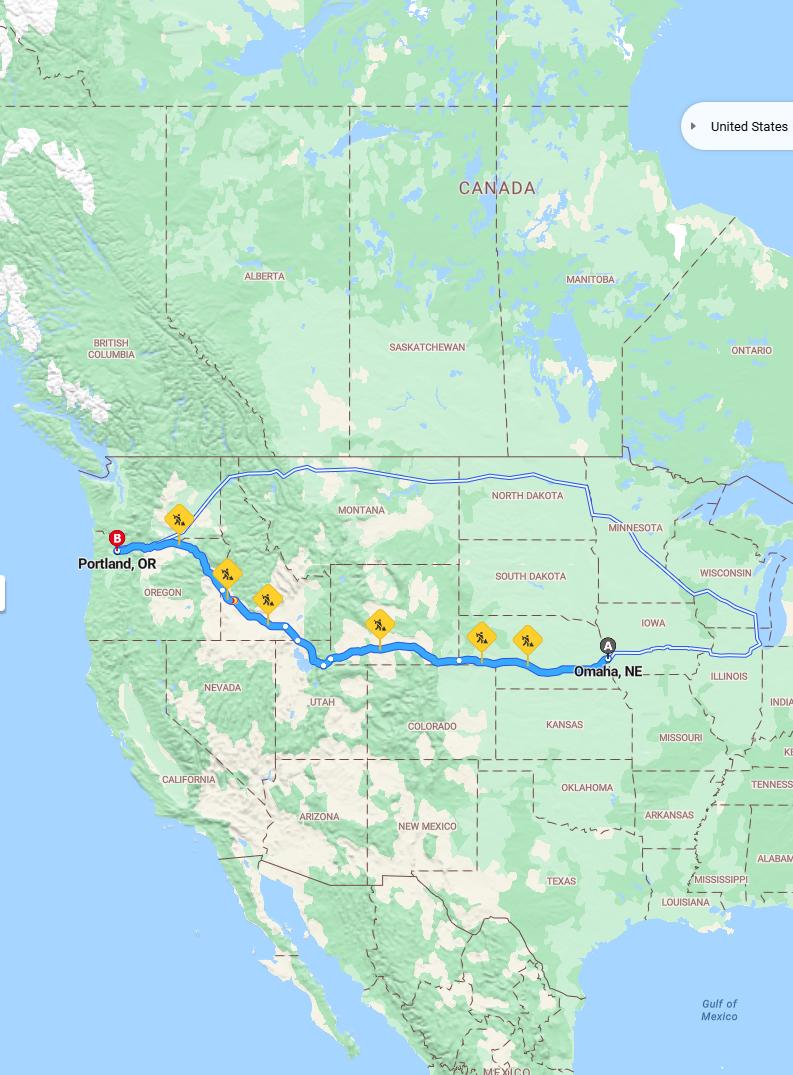 driving from Omaha, Nebraska to PortlandOregon - map and route