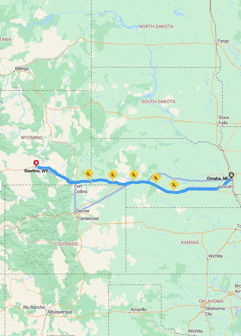 driving from Omaha, Nebraska to RawlingsWyoming - map and route