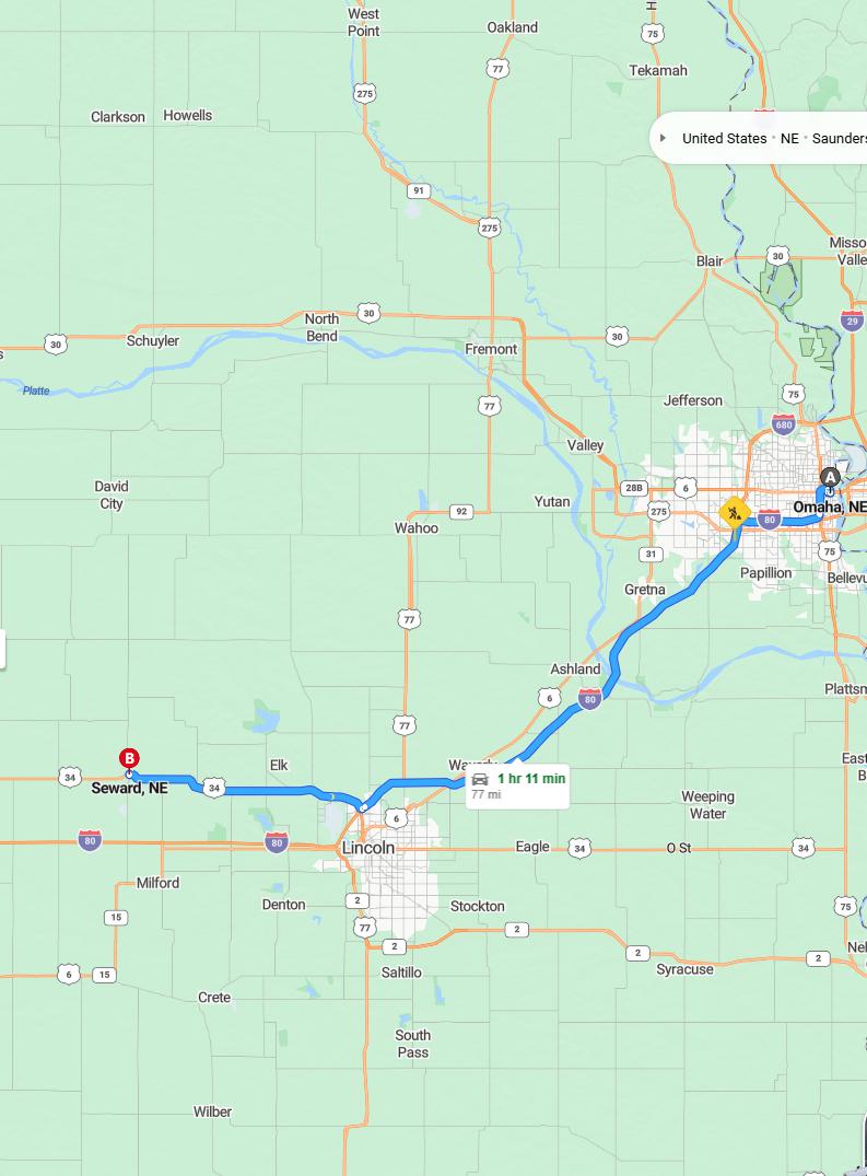 driving from Omaha, Nebraska to SewardNebraska - map and route