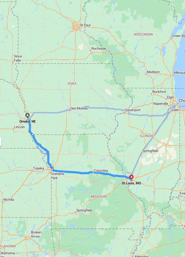 driving from Omaha, Nebraska to St. LouisMissouri - map and route