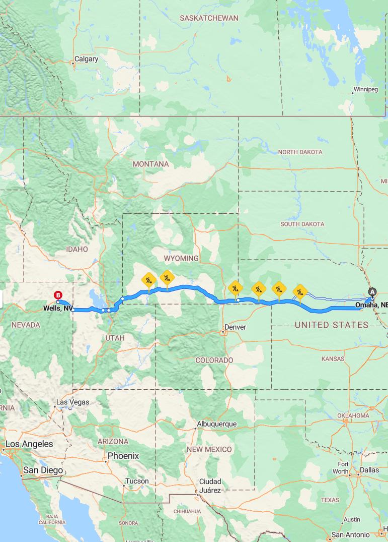 driving from Omaha, Nebraska to WellsNevada - map and route