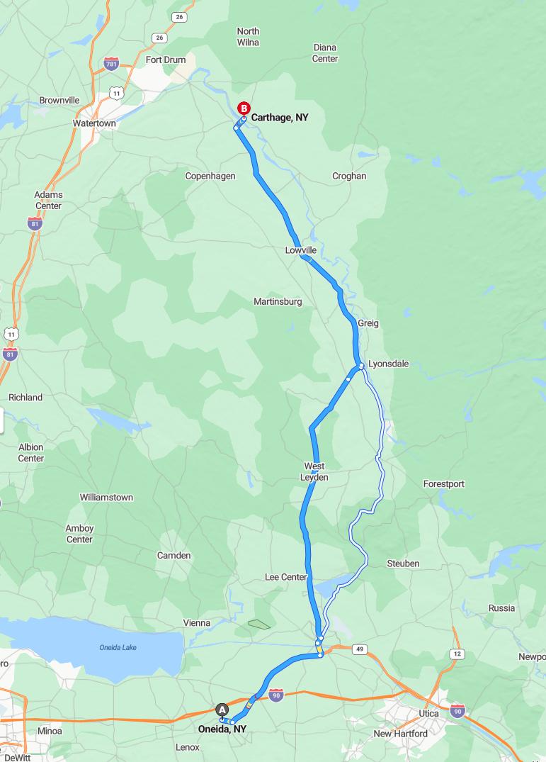 driving from Oneida, New York to CarthageNew York - map and route