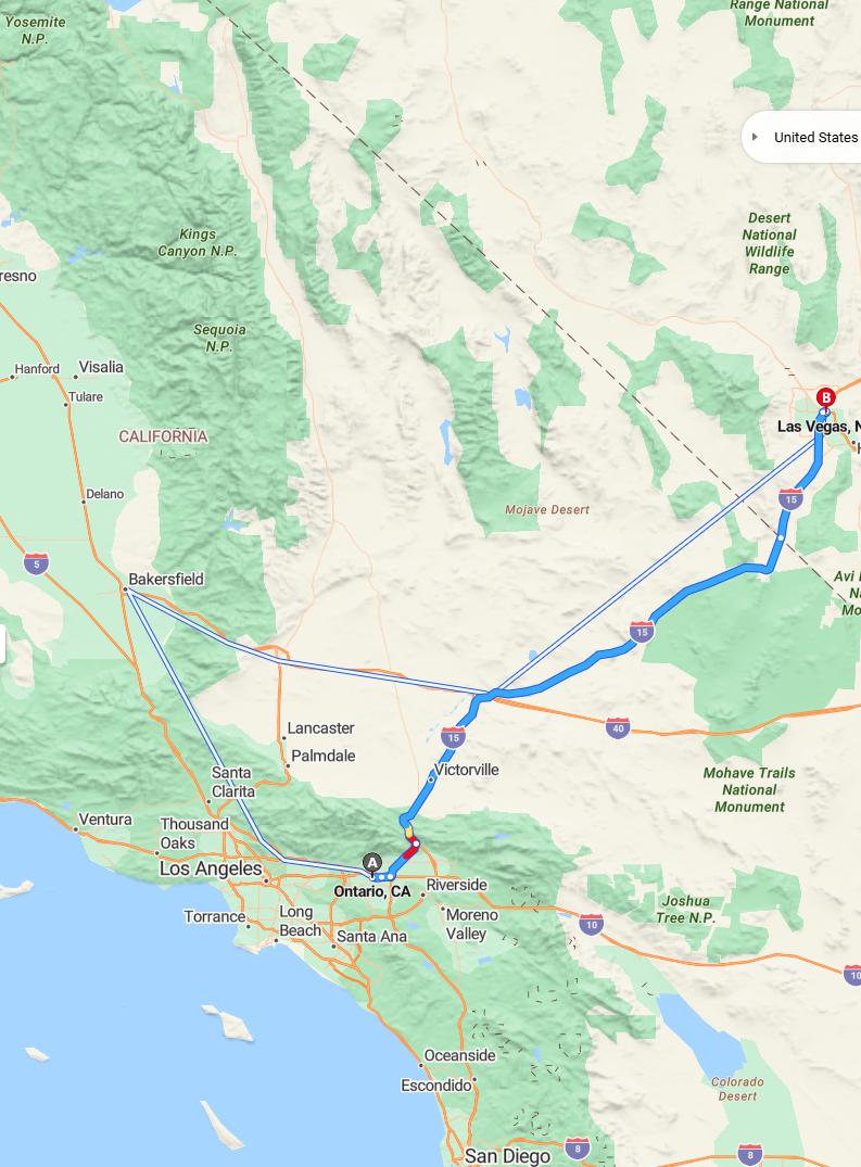 driving from Ontario, California to Las VegasNevada - map and route