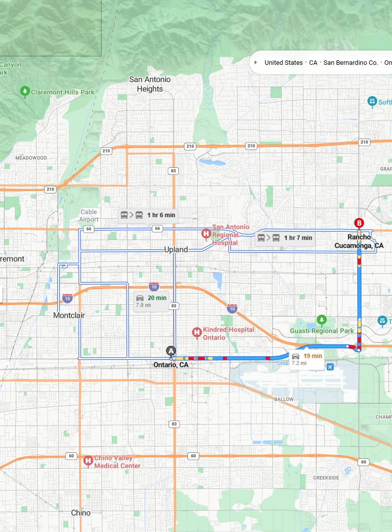 driving from Ontario, California to Rancho CucamongaCalifornia - map and route