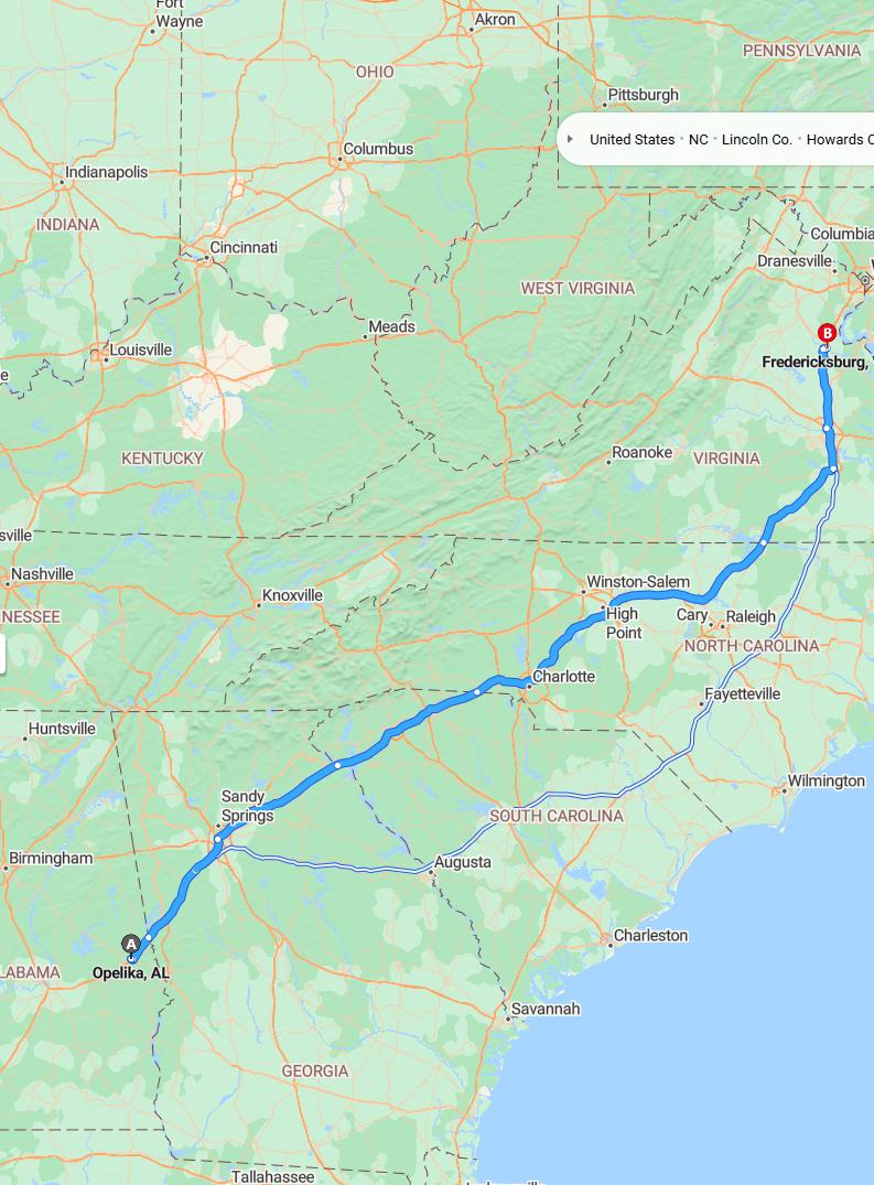 driving from Opelika, Alabama to FredericksburgVirginia - map and route