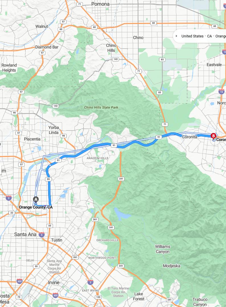 driving from Orange County, California to CoronaCalifornia - map and route