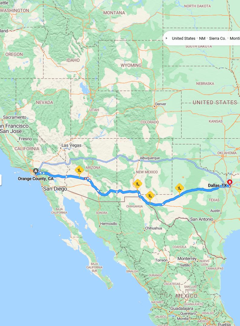 driving from Orange County, California to DallasTexas - map and route