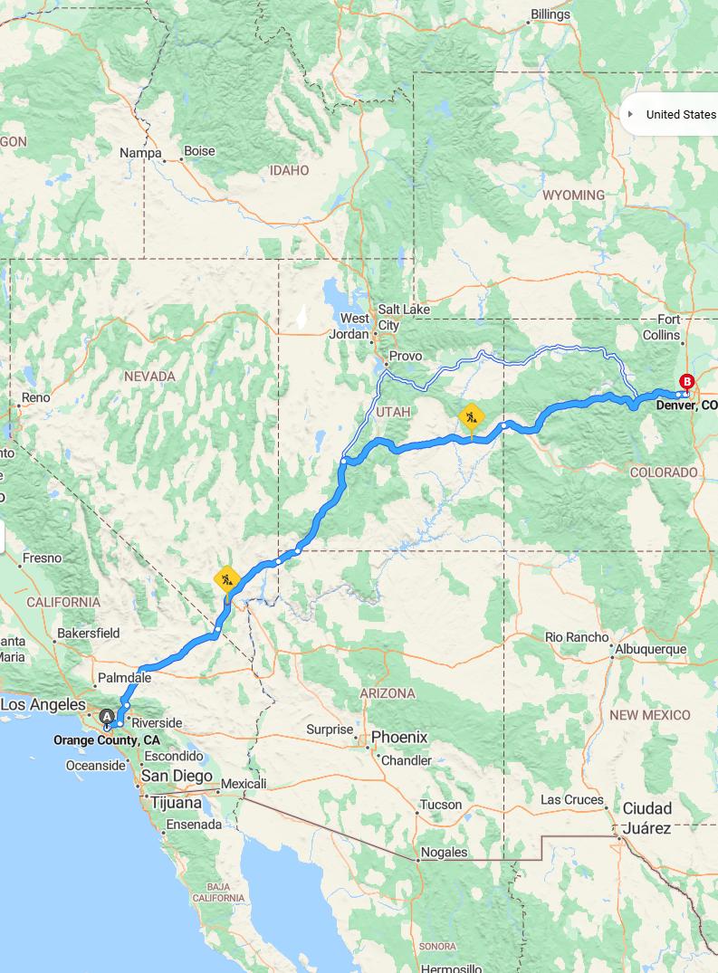 driving from Orange County, California to DenverColorado - map and route