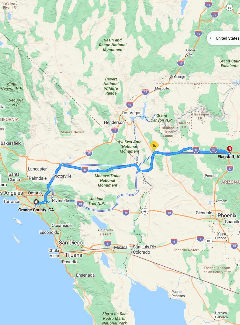 driving from Orange County, California to FlagstaffArizona - map and route