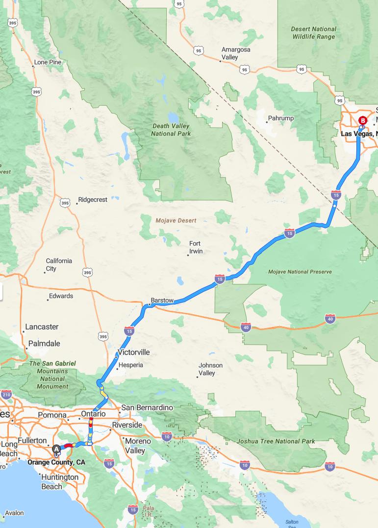 driving from Orange County, California to Las VegasNevada - map and route