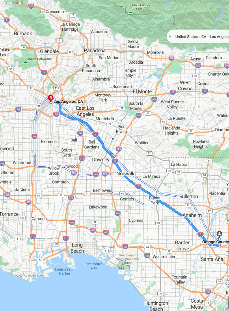driving from Orange County, California to Los AngelesCalifornia - map and route