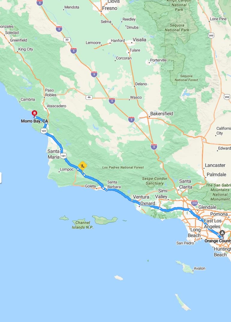driving from Orange County, California to Morro BayCalifornia - map and route