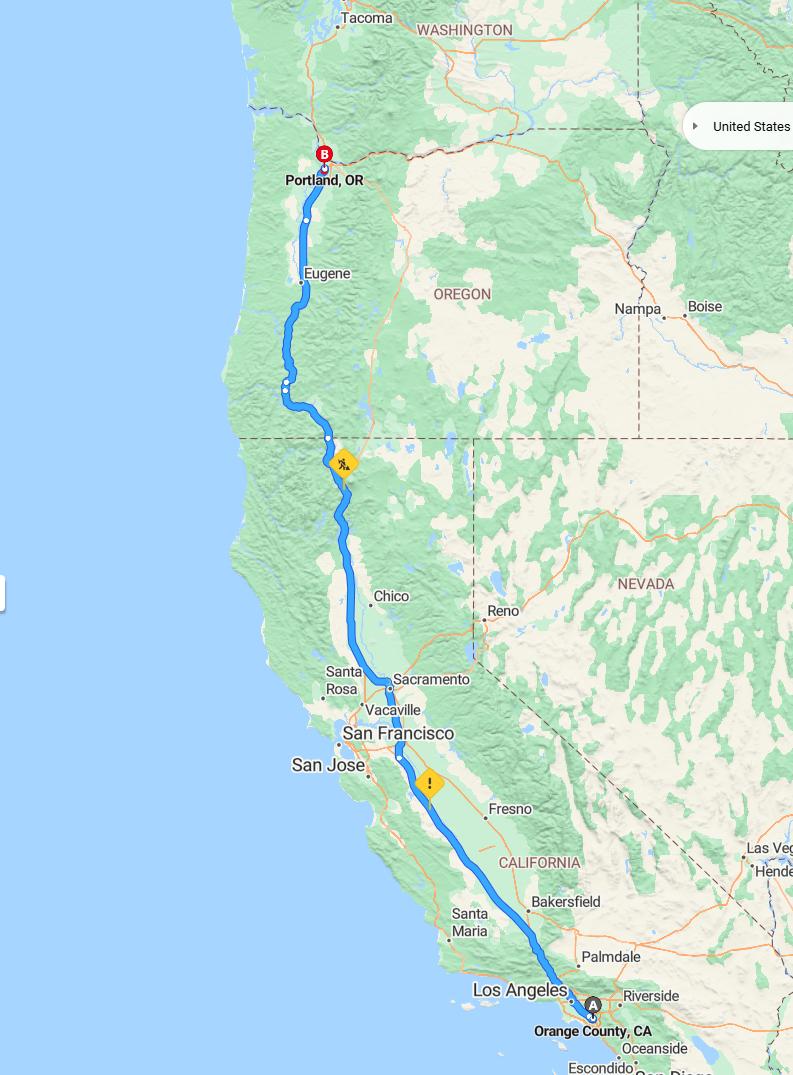 driving from Orange County, California to PortlandOregon - map and route