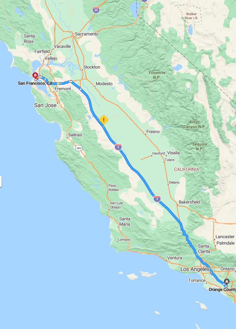 driving from Orange County, California to San FranciscoCalifornia - map and route