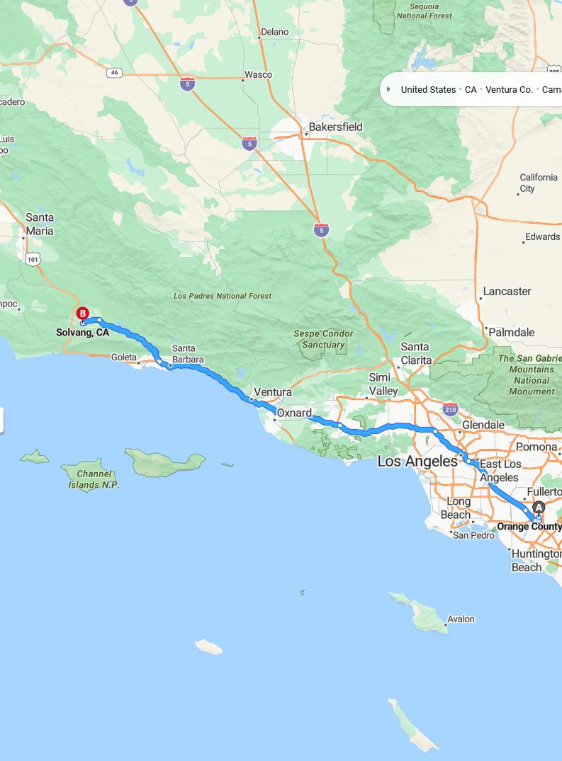driving from Orange County, California to SolvangCalifornia - map and route