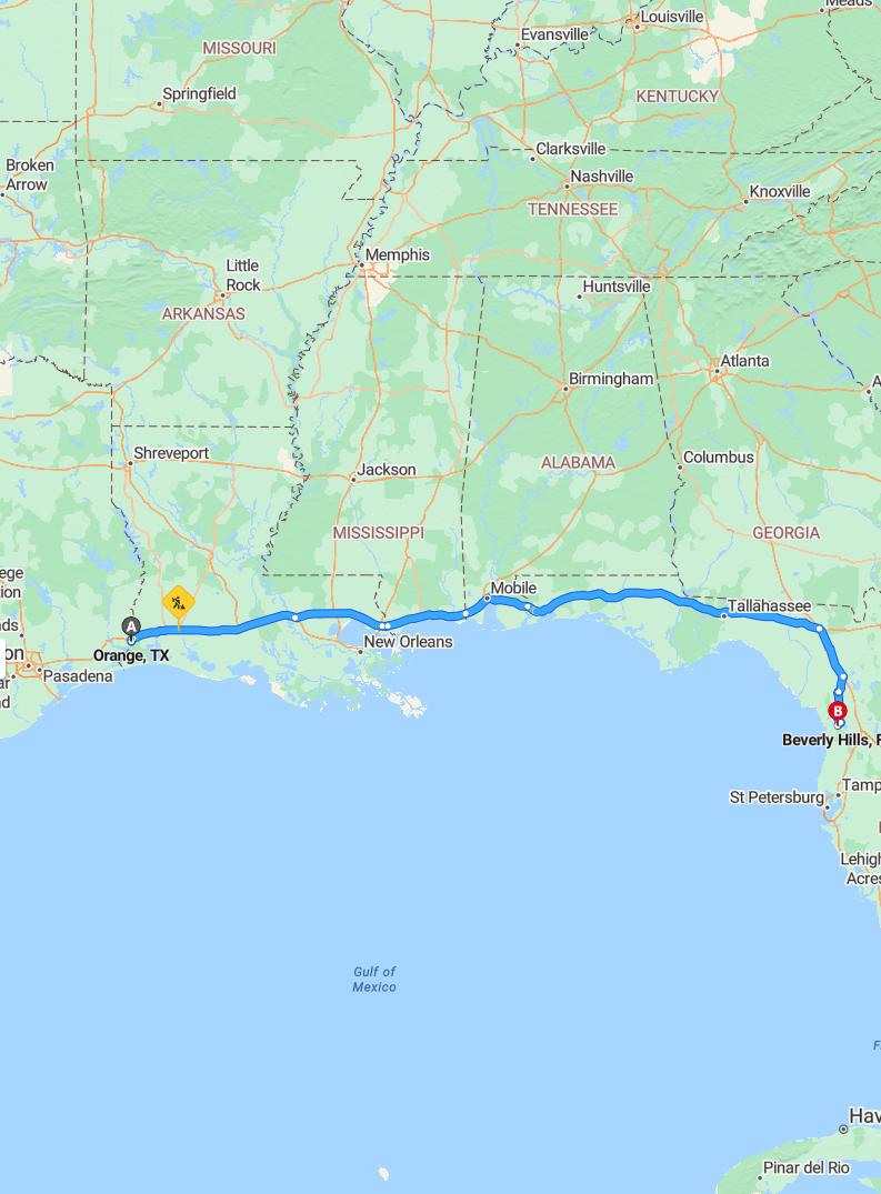 driving from Orange, Texas to Beverly HillsFlorida - map and route