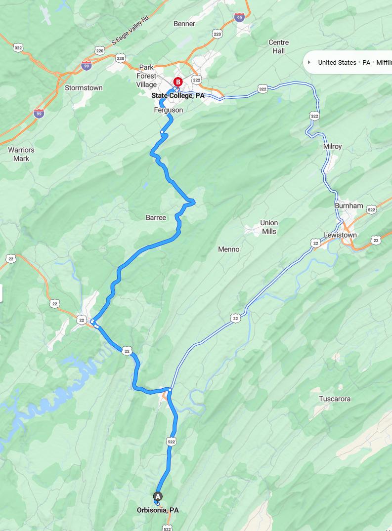 driving from Orbisonia, Pennsylvania to State CollegePennsylvania - map and route