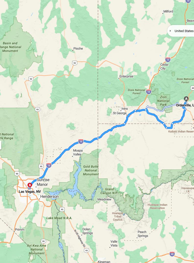 driving from Orderville, Utah to Las VegasNevada - map and route