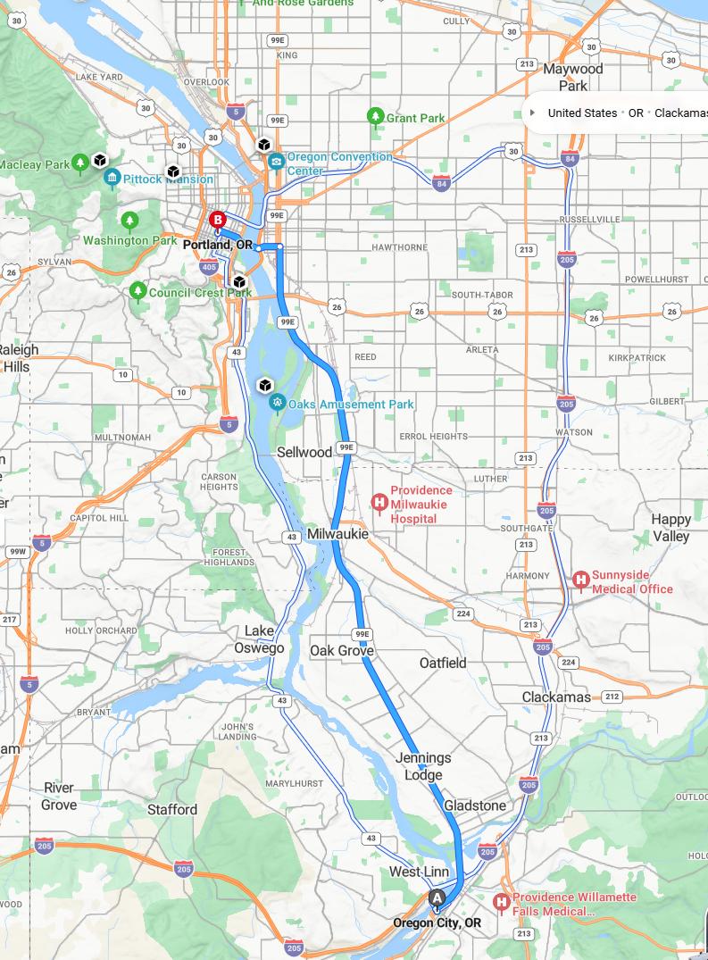 driving from Oregon City, Oregon to PortlandOregon - map and route