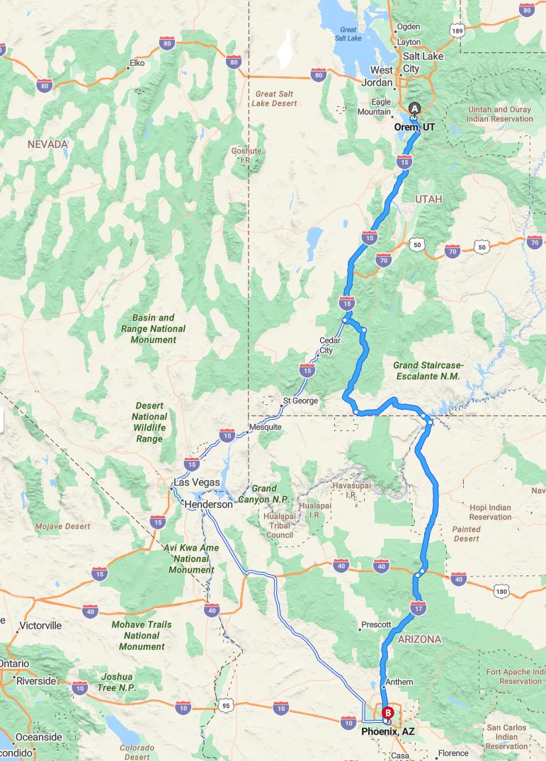 driving from Orem, Utah to PhoenixArizona - map and route