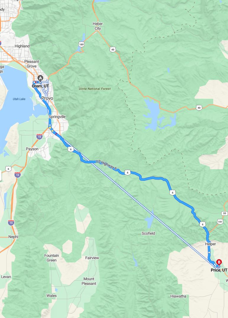 driving from Orem, Utah to PriceUtah - map and route