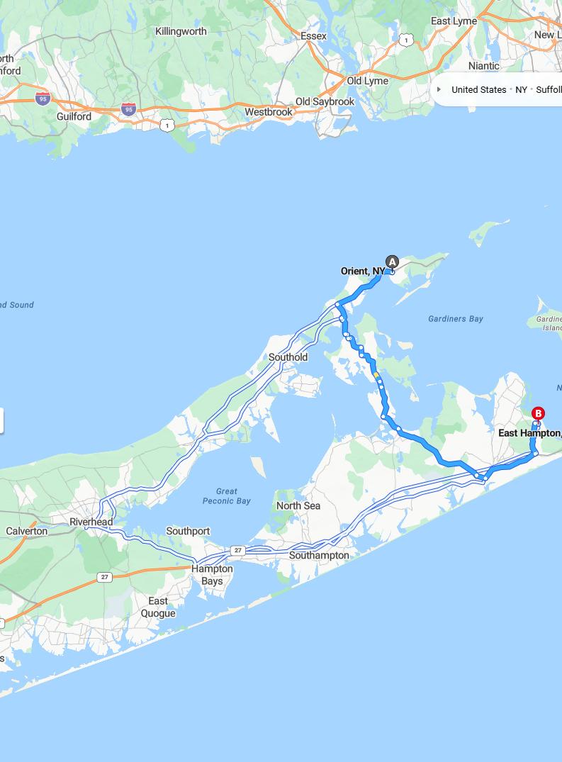 driving from Orient Point, New York to East HamptonNew York - map and route