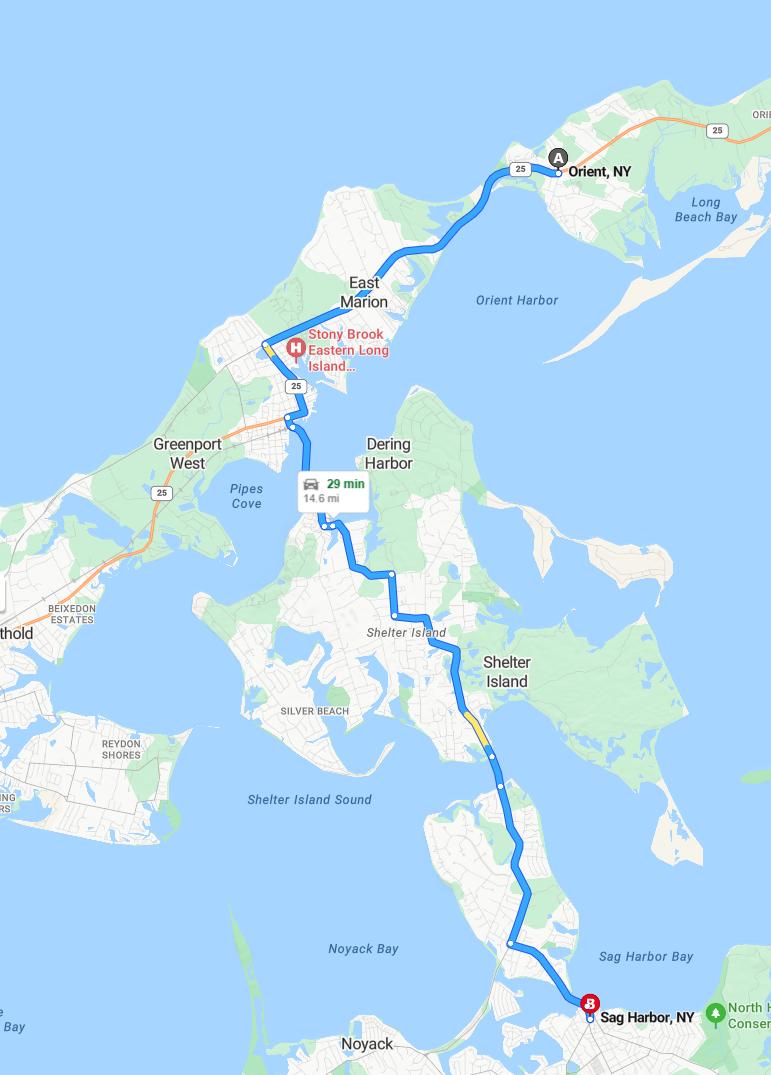 driving from Orient Point, New York to Sag HarborNew York - map and route